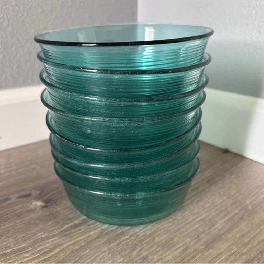 Vtg Set of 8 ARCOROC JARDINIERE  France Turquoise Ribbed Glass Cereal 5.5"  K5